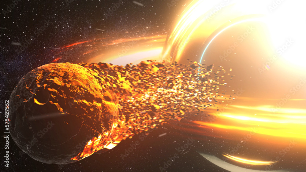 Wall mural massive black hole pulling disintegrating red planet in deep space 3d rendering of large black hole 
