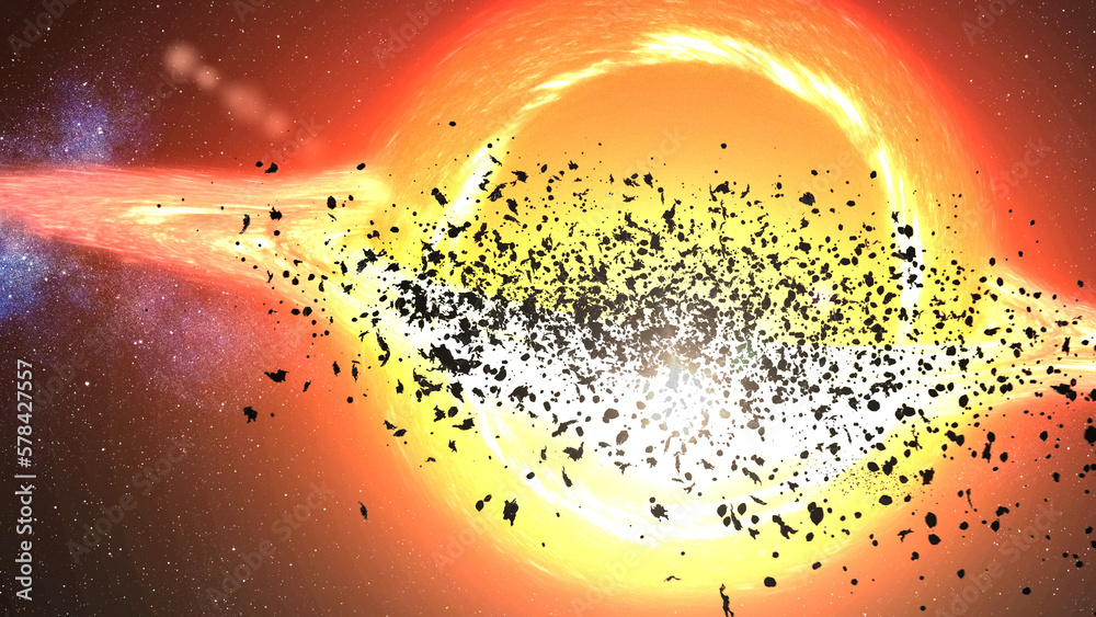 Wall mural 3d rendering, glowing black hole sucks stars and asteroids in deep space 3d rendering of large black