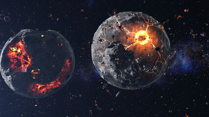 3D rendering of deep space with dying stars, lava and asteroids surrounding, 2023