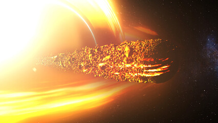 3D rendering, Supermassive Black hole pulling disintegrating planet in deep space.
 large Black Hole pulling Planet, 2023
