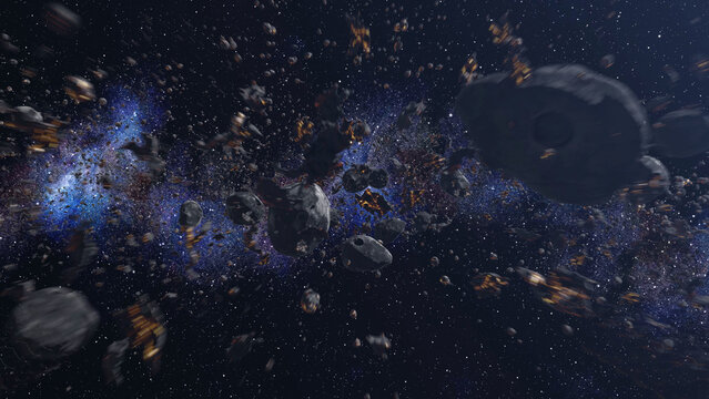 3d rendering, Flying inside Asteroid belt 
Deep space with dangerous rocks flying toward Camera, 2023
