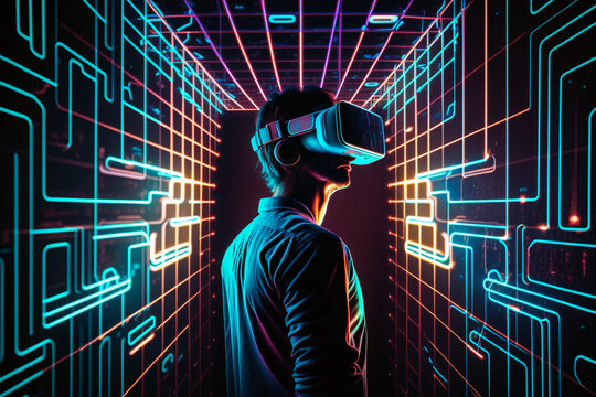 Fototapeta young male using VR technology / neon lights virtual reality