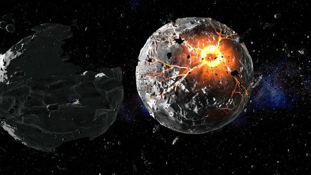 3D rendering of deep space with dying stars, lava and asteroids surrounding. 2023