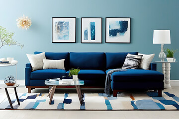 Modern living room interior with stylish comfortable sofa, wall color Orion Blue