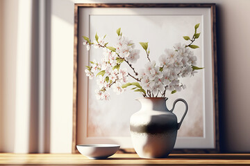 Blossoming cherry sakura bouquet in a vase on a gray background. Spring Japanese Still Life. Generative AI illustration