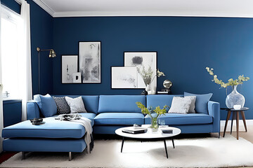 Modern living room interior with stylish comfortable sofa, wall color Orion Blue