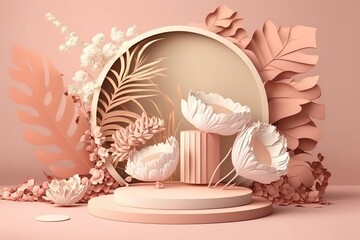 3D podium display, pastel pink background with rose flowers. Peonies flower and palm leaf shadow. Minimal pedestal for beauty, cosmetic product. Valentine, feminine copy space template 3d render, ai

