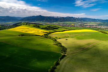 Beautiful country landscape with green, yellow fields and Low Tatras mountains at backgorund. Slovakia