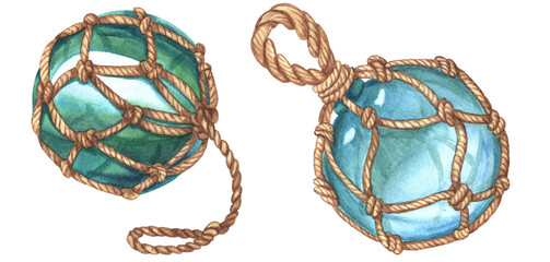 Watercolor nautical illustrations. Drawing of glass floats on transparent background © Irina