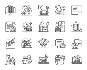 Buildings property line icons. Home floor plan, Apartment furniture and Real estate set. Factory building, city office and property mortgage line icons. New home, radiator and stairs. Vector