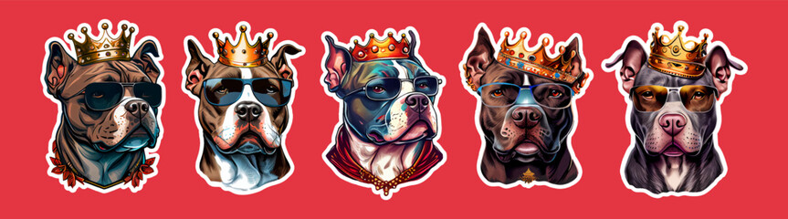 Big bundle of stickers with Pit Bull with sunglasses and crown. Vector collection sticker of dog on isolated background. AI. Doodle cartoon style	