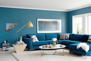 Modern living room interior with stylish comfortable sofa, wall color Orion Blue