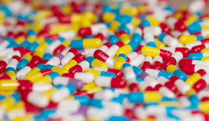 Fototapeta na wymiar Different pills on beige background, flat lay. 