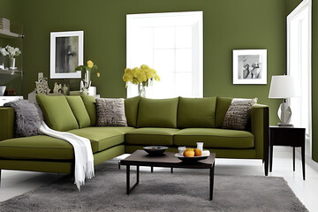 Modern living room interior with stylish comfortable sofa, wall color Orion Olive