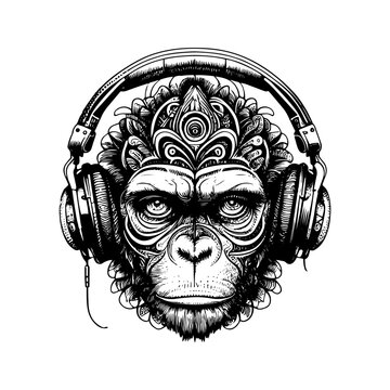 ape wearing headphones fun and lighthearted image that showcases the love of music and the wild spirit of primates