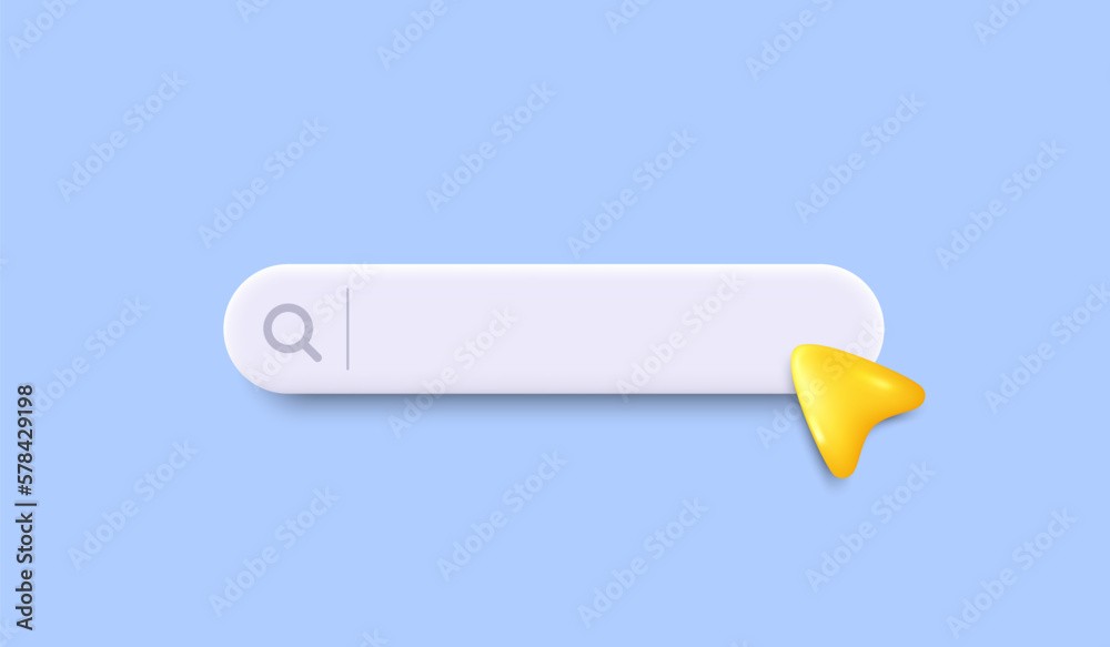 Poster 3d search bar template for website. navigation search for web browser. yellow 3d arrow mouse cursor.