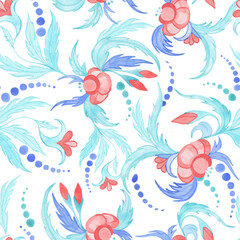 Naklejka premium Abstract flowers and leaves in retro traditional folk style watercolor seamless pattern. Endless hand drawn background for wallpaper and fabric in turquoise and coral colors.