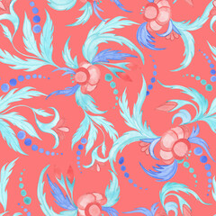 Abstract flowers and leaves in retro traditional folk style watercolor seamless pattern. Endless hand drawn background for wallpaper and fabric in turquoise and coral colors.