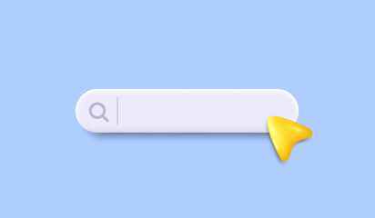 3d search bar template for website. Navigation search for web browser. Yellow 3d arrow mouse cursor. Ask question template banner. Support FAQ information web bar. Vector