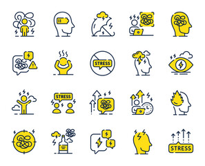 Fototapeta premium Stress line icons. Mental health, depression and confusion thoughts. Frustrated man, negative mood, panic fear outline icons. Stress pressure and psychology mental problems. Bad depression. Vector