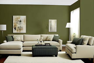 Modern living room interior with stylish comfortable sofa, wall color Orion Olive