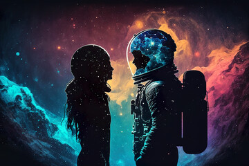 Astronaut in space suit and woman standing together love knows no bounds. Couple silhouette on dark cosmic background. Cosmic love. AI generated vector illustration.