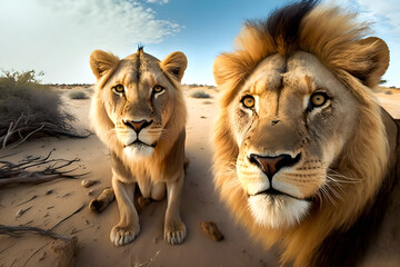 Lew i Lwica na sawannie patrzą przed siebie. Ujęcie Lwów z bliska.