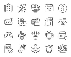 Tech line icons. Game console, Joystick gamepad and Quiz report set. Microphone tech, Radio set and Report reminder icons. Annual calendar, supply chain and notice alert. Social media user. Vector