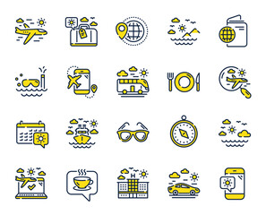 Travel line icons. Passport, Luggage, Check in airport icons. Airplane flight, Sunglasses, Hotel building. Passport check in document, Sea diving. Restaurant hotel food, luggage travel. Vector