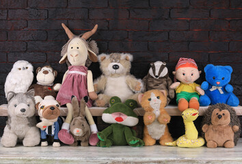 group photo of toy soft stuffed animals