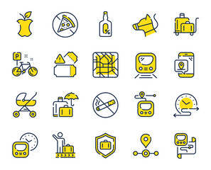 Underground line icons. Subway map, Station location, Metro rules. Dog on leash, Apple core, No smoking outline icons. Underground tickets, No alcohol drink, food at metro. Baby carriage place. Vector