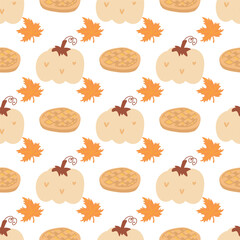 Pumpkin vector pattern. Autumn fall farmhouse seamless background. Thanksgiving pumpkin with apple pie and leaves