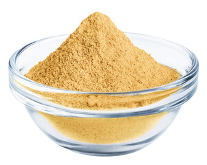 Ginger isolated on white or transparent background. Dry ground ginger powder in glass bowl