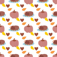 Pumpkin vector pattern. Autumn fall farmhouse seamless background. Thanksgiving pumpkin with turkey and leaves