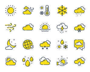 Weather and forecast line icons. Cloudy sky, winter snowflake, thermometer. Moon night, rain and sunset icons. Weather temperature, meteorology forecast and wind, thunder bolt. Vector