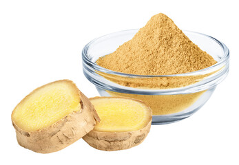 Ginger isolated on white or transparent background. Dry ground ginger powder and slices of fresh ginger root