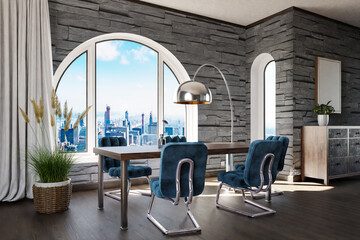 luxurious loft apartment with arched window and panoramic view over urban downtown; noble dining room interior design mock up; 3D Illustration