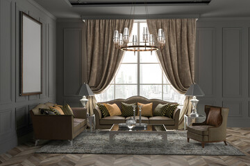 3d render classic interior whit Chandeliers , plaster walls , carpet , curtain. Furniture set