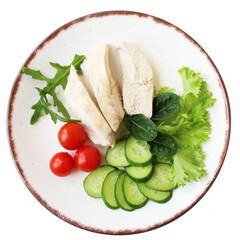 chicken meat with vegetables and herbs on a plate on a white isolated background. healthy diet food