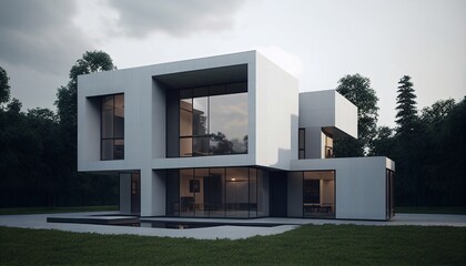 modern house with panoramic windows. Exterior. Generative AI