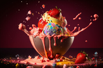 Fototapeta na wymiar Melted ice cream crystal bowl with fruits Generative AI