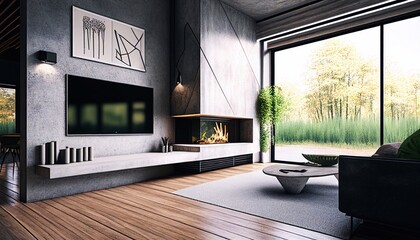 image of home interior with soft furniture, warm fireplace, coffee table and large windows Generative AI