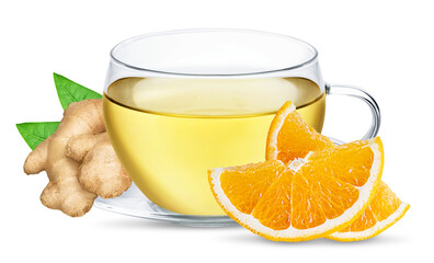 Cup of tea with ginger and orange isolated on white or transparent background. Herbal hot drink