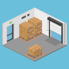isometric storage room warehouse with parcels on pallet vector flat illustration