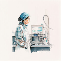 A doctor in the office next to hospital machines, watercolor banner art, Generative AI
