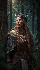 Illustration of Viking woman. Concept of battle and mythology. Generative AI.