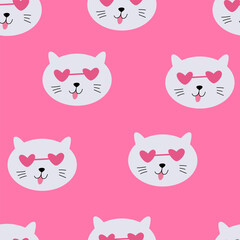 Cute seamless pattern with funny cats with heart sunglasses. Vector pink background