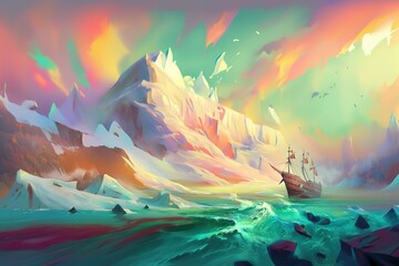Surreal landscape with abstract colorful multicolored trees and clouds, melting islands near the ground. Ai.