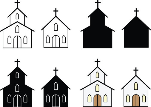 Simple Church Drawing - Outline, Silhouette & Color