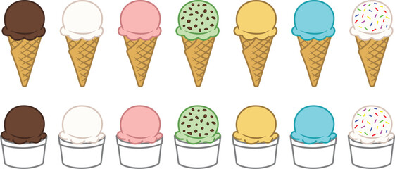 Ice Cream with Flavors in Cones & Cups Clipart